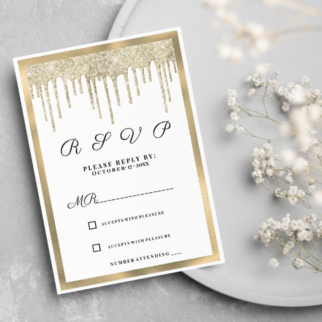 Invitación Purpurina de oro blanco de lujo gotea RSVP (Luxury white gold glitter drips RSVP )