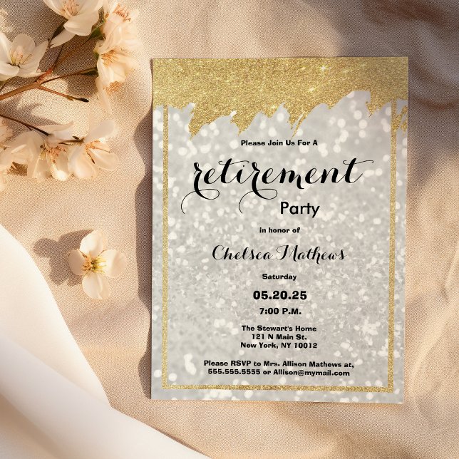 Invitación Purpurina de oro blanco de lujo moderno Fiesta de  (Modern luxury white gold glitter Retirement Party )
