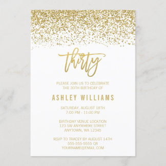 Invitación Purpurina de oro blanco moderno 30 cumpleaños