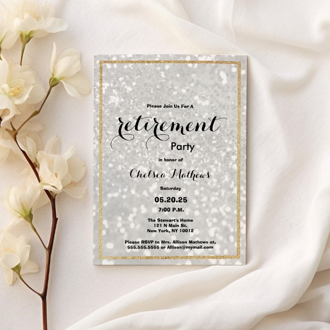 Invitación Purpurina de oro blanco moderno de lujo Fiesta de  (Luxury modern white gold glitter Retirement Party)
