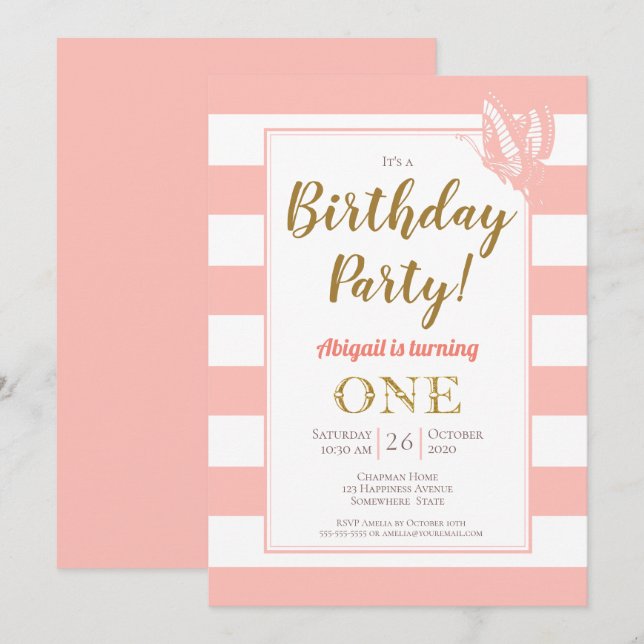 Invitación Purpurina de Oro Blanco Peach Primer Fiesta de Cum (Anverso / Reverso)