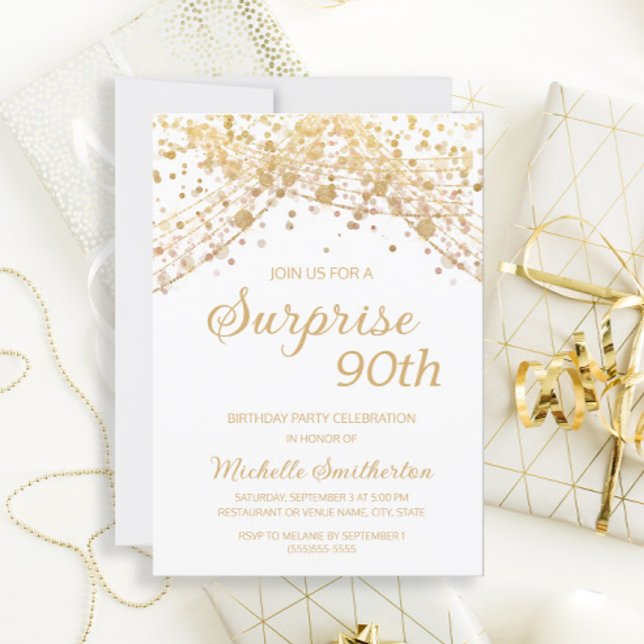 Invitación Purpurina de Oro Blanco Sorpresa 90 cumpleaños (Subido por el creador)