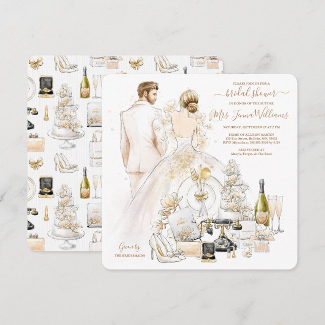 Invitación Purpurina de oro Blonde Bride Bride Shower (Anverso / Reverso)