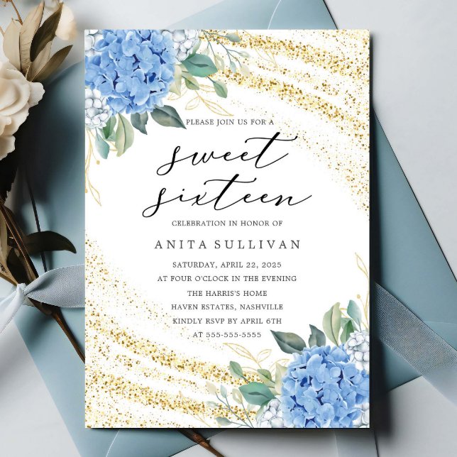 Invitación Purpurina de oro Blue Floral Sweet 16 Cumpleaños (Subido por el creador)