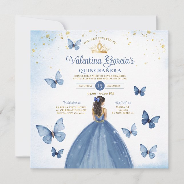 Invitación Purpurina de oro Blue Quinceañera 15 Anos Butterfl (Anverso)