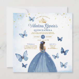 Invitación Purpurina de oro Blue Quinceañera 15 Anos Butterfl