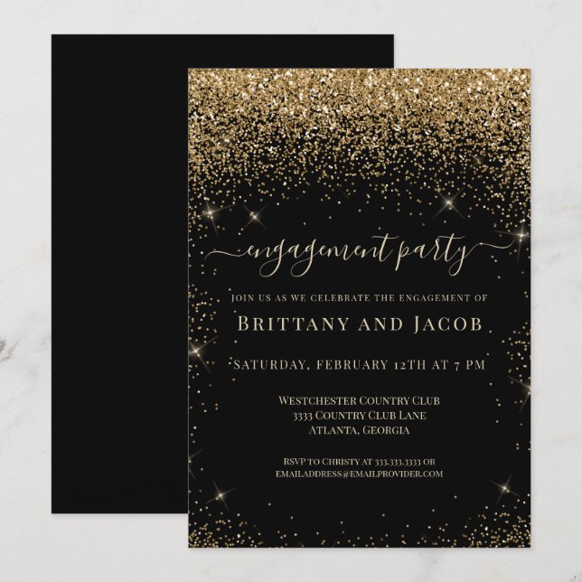 Invitación Purpurina de oro Boda compromiso Fiesta negro (Anverso / Reverso)