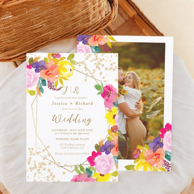 Invitación Purpurina de oro boda de fotografía floral audaz (Gold glitter boho bold floral photo wedding invitation)