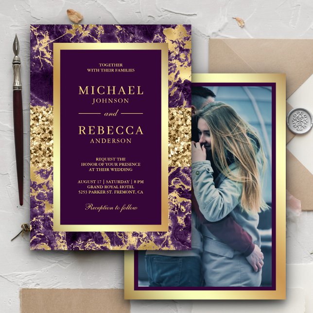 Invitación Purpurina de oro Boda de fotos de mármol morado (Subido por el creador)
