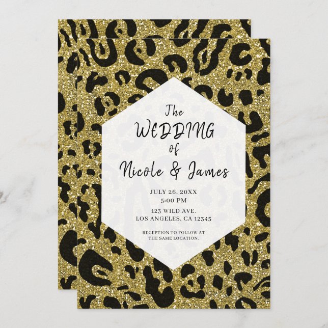Invitación Purpurina de oro Boda de Moda de leopardo negro (Anverso / Reverso)