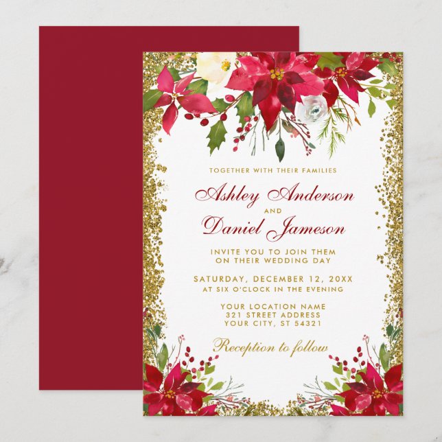 Invitación Purpurina de oro Boda floral rojo Poinsettia (Anverso / Reverso)