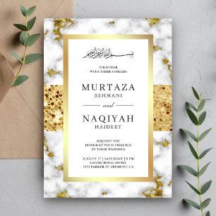 Invitación Purpurina de oro Boda musulmán de mármol gris blan