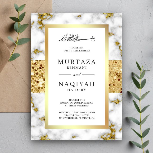 Invitación Purpurina de oro Boda musulmán de mármol gris blan (Subido por el creador)