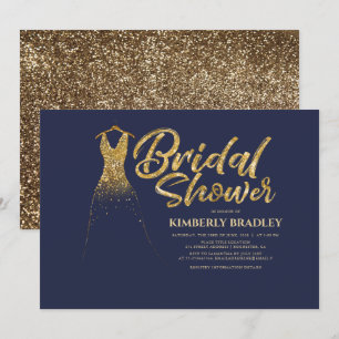 Invitación Purpurina de oro Boda vestida con ducha azul de la