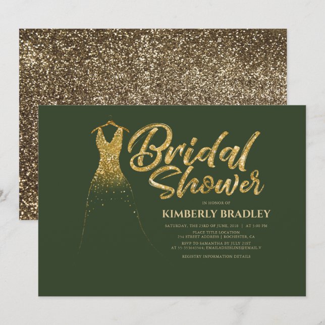 Invitación Purpurina de oro Boda vestida con ducha de novia v (Anverso / Reverso)