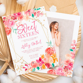 Invitación Purpurina de oro boho acuarela floral foto Sweet 1