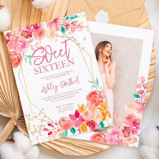 Invitación Purpurina de oro boho acuarela floral foto Sweet 1 (Subido por el creador)