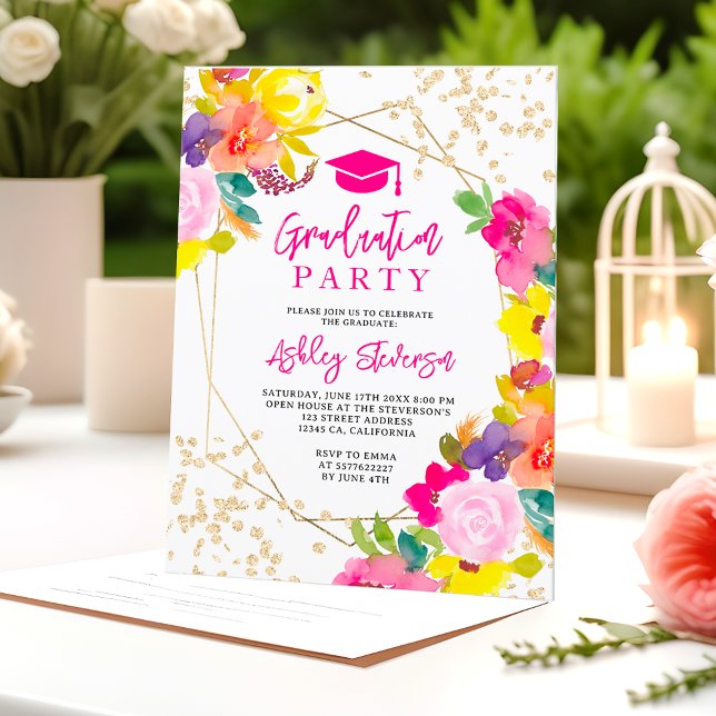 Invitación Purpurina de oro boho audaz graduación de fotos fl (Gold glitter boho bold floral photo graduation invitation)