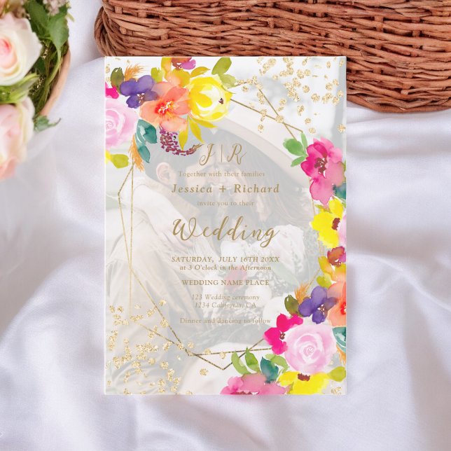 Invitación Purpurina de oro boho floral audaz 2 fotos boda (Gold glitter boho bold floral 2 photos wedding invitation)