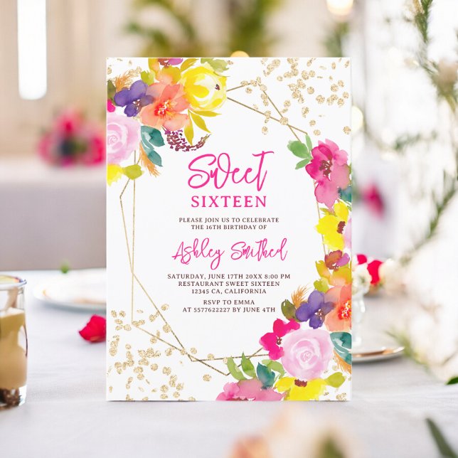Invitación Purpurina de oro boho foto floral audaz Sweet 16 (Gold glitter boho bold floral photo Sweet 16 Invitation)