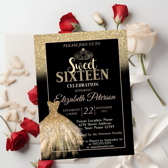 Invitación Purpurina de oro Bokeh Ombre, Tiara, Dulce 16 (Subido por el creador)