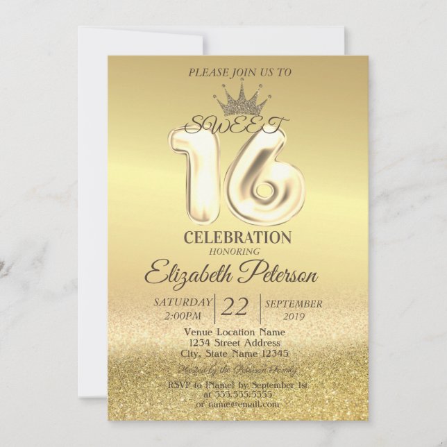 Invitación Purpurina de oro Bokeh Ombre, Tiara, dulce 16 Fies (Anverso)