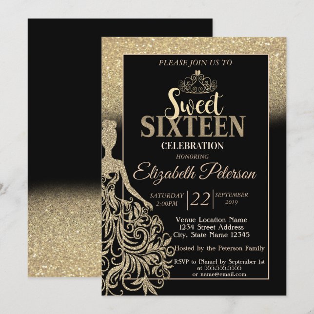 Invitación Purpurina de oro Bokeh Ombre, Tiara, dulce 16 Fies (Anverso / Reverso)