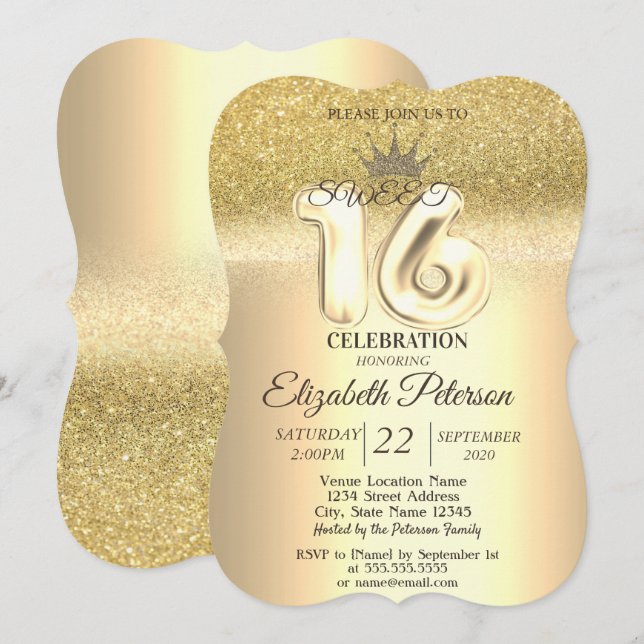 Invitación Purpurina de oro Bokeh, Tiara, dulce Fiesta 16 (Anverso / Reverso)