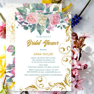 Invitación Purpurina de oro botánico Swirls Bridal Shower