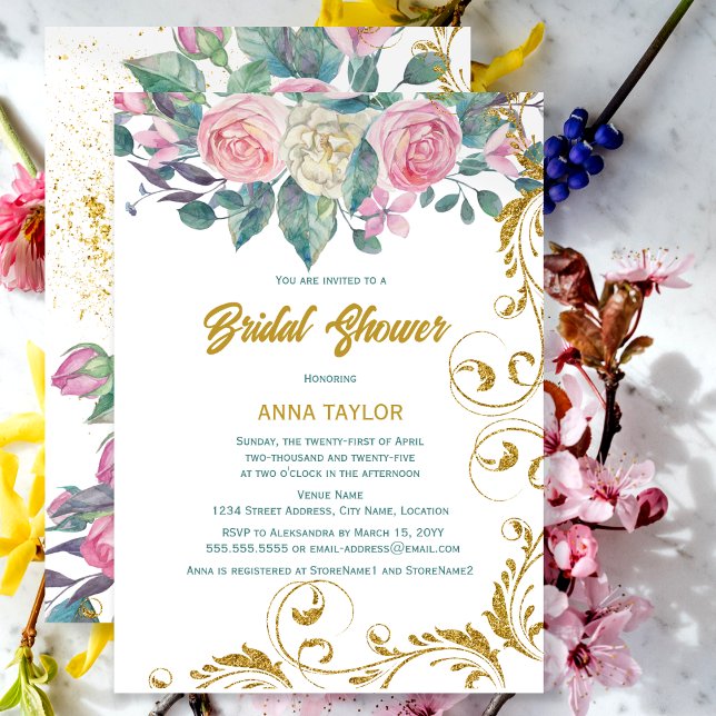 Invitación Purpurina de oro botánico Swirls Bridal Shower (Subido por el creador)