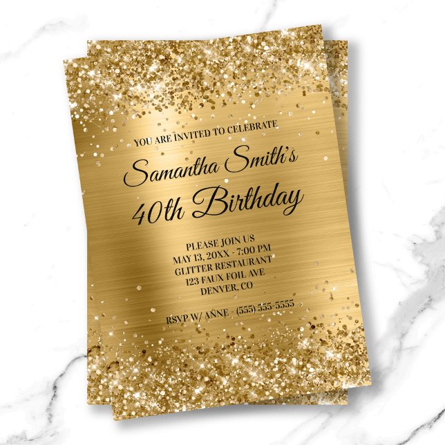 Invitación Purpurina de oro brillante Relieve metalizado cepi (Shiny Gold Glitter Brushed Foil Monogram Birthday Invitation)