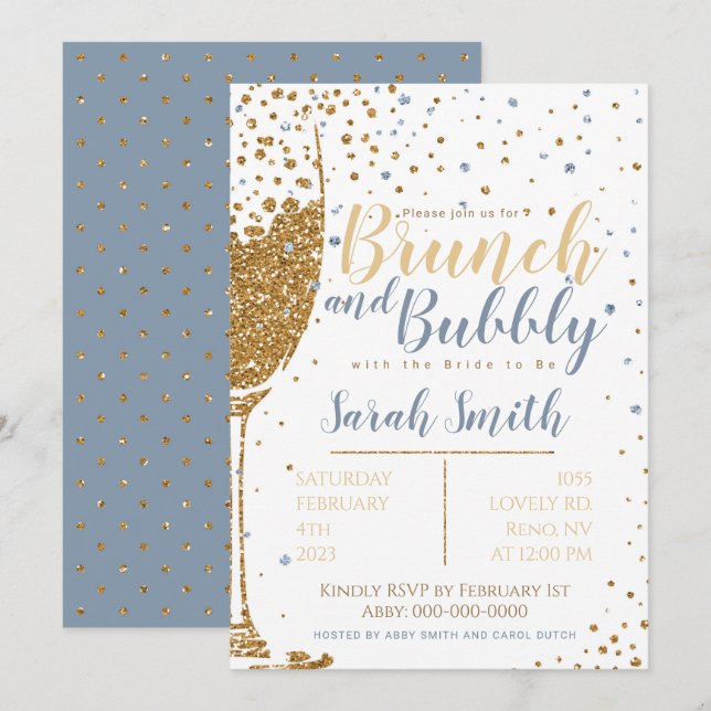 Invitación Purpurina de oro brunch y bubbly azul polvoriento (Anverso / Reverso)
