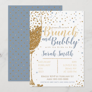 Invitación Purpurina de oro brunch y bubbly azul polvoriento