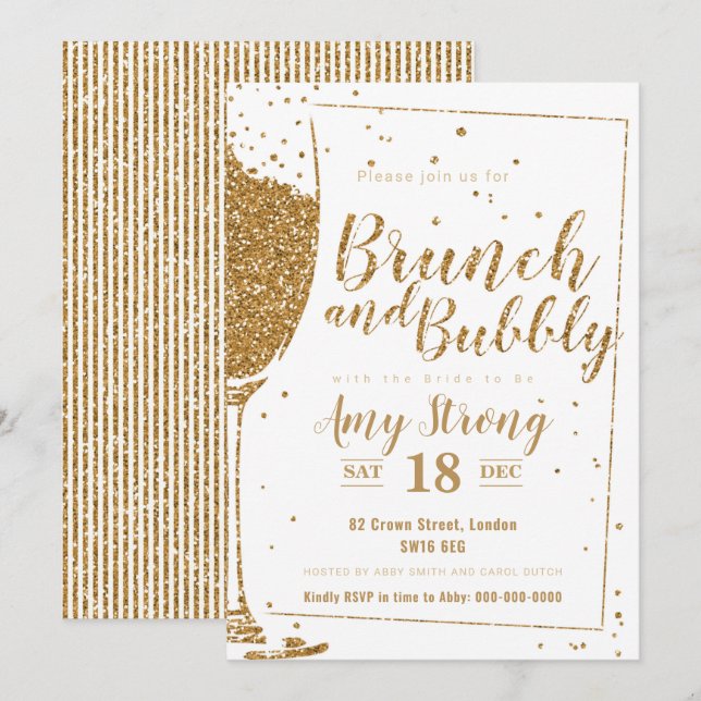 Invitación Purpurina de oro brunch y bubbly con espalda a ray (Anverso / Reverso)