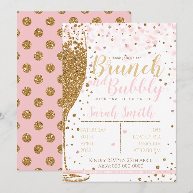 Invitación Purpurina de oro Brunch y Bubbly gran polka backgr (Anverso / Reverso)