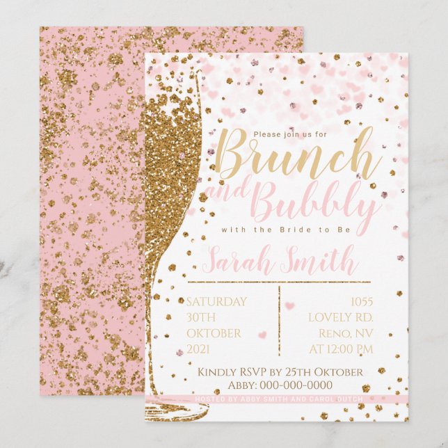 Invitación Purpurina de oro brunch y bubbly salpicado (Anverso / Reverso)