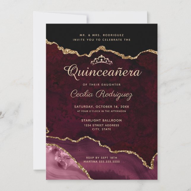 Invitación Purpurina de oro Burgundy Agate Quinceanera (Anverso)