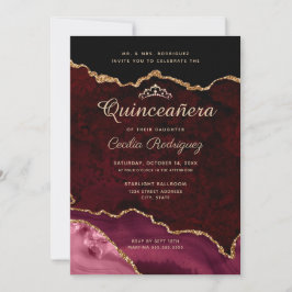 Invitación Purpurina de oro Burgundy Agate Quinceanera