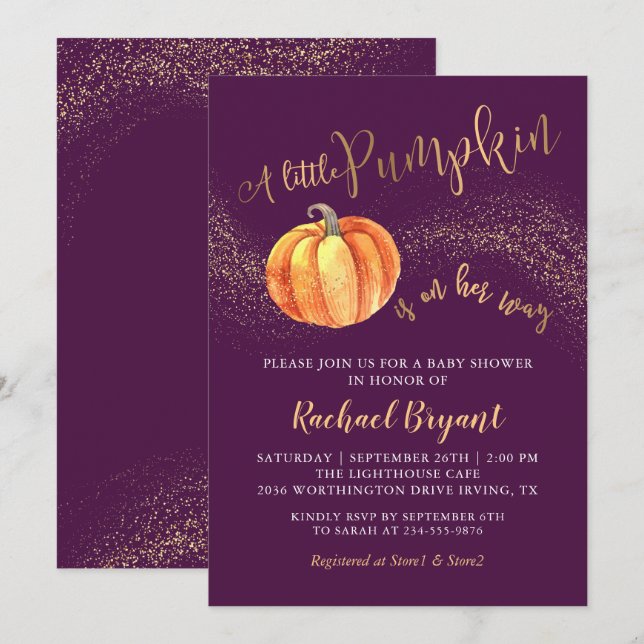 Invitación Purpurina de oro Calabaza Chica púrpura Baby Showe (Anverso / Reverso)