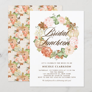 Invitación Purpurina de oro Calabazas Wreath Fall Nodal Lunch