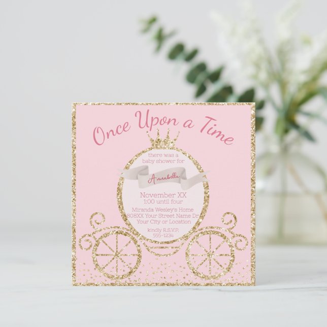 Invitación Purpurina de oro Carriage Fairy Tale Baby Shower (Anverso de pie)