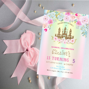 Invitación Purpurina de oro Castillo FIoral Iridesday Cumplea