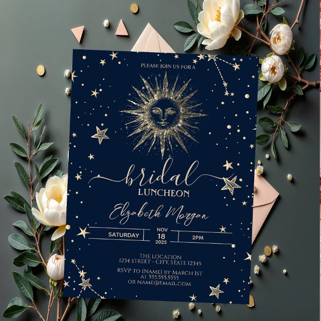 Invitación Purpurina de oro celeste Sun Stars Bridal Luncheon (Subido por el creador)