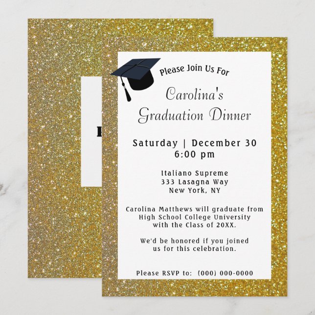 Invitación Purpurina de oro Cena Graduación Blanca (Anverso / Reverso)