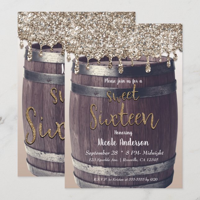 Invitación Purpurina de oro champagne Drip Rústic Sweet 16 Fi (Anverso / Reverso)