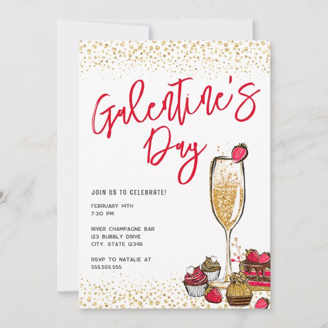 Invitación Purpurina de oro Champagne Galentines Day Fiesta (Anverso)