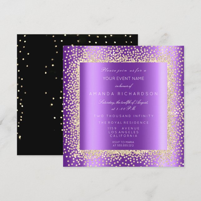 Invitación Purpurina de oro Champaigne Black Confetti Purple  (Anverso / Reverso)