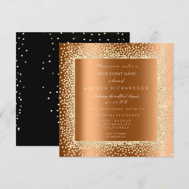 Invitación Purpurina de oro Champaigne  de Confetti Negro Mie (Anverso / Reverso)