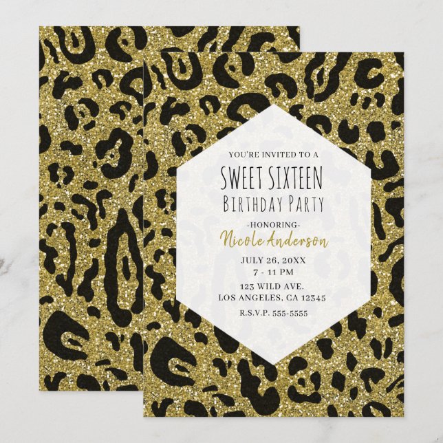 Invitación Purpurina de oro Cheetah Leopard Sweet 16 Fiesta (Anverso / Reverso)