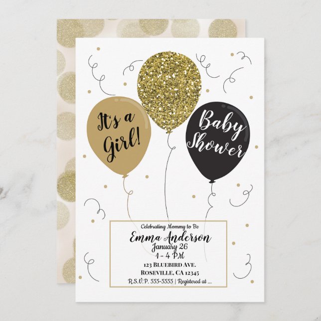 Invitación Purpurina de oro Chica de globos negros Baby Showe (Anverso / Reverso)